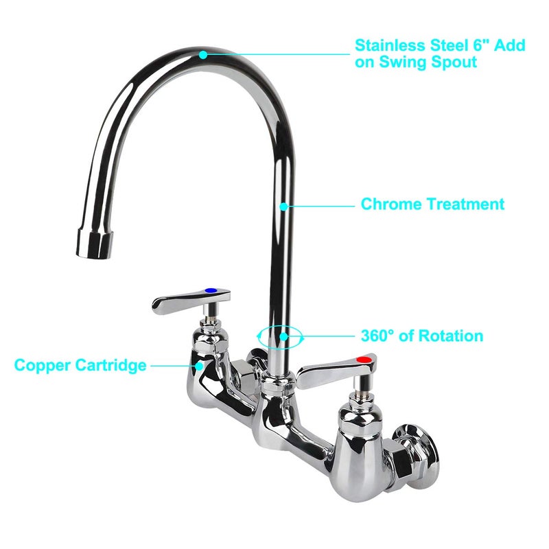 KWODE Wall Mount Faucet 8 Inch Center Commercial Kitchen Sink Faucet with 6" Gooseneck Swivel Spout 2 Handles Control Brass Contructed Chrome Finish - Image 3